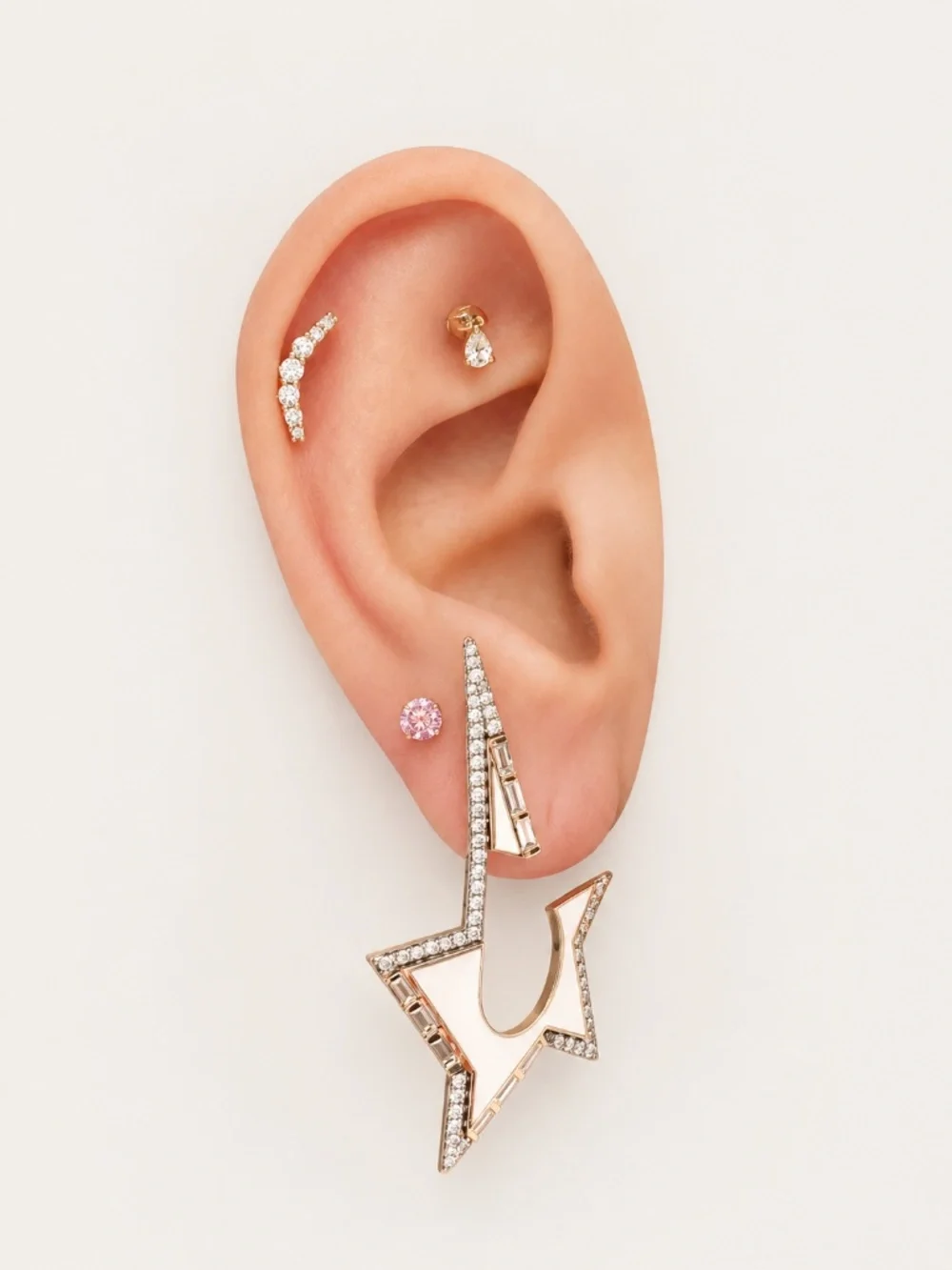 Kismet by Milka 18K Gold Coops Star Diamond Earring | White Ceramic & Baguette D